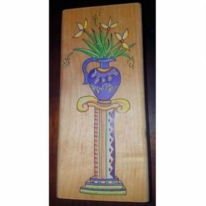 Wood Mounted Rubber Stamp Flowers Vase Pedestal Whimsical Scrapbooking Journal